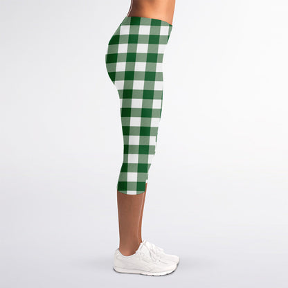 Green And White Buffalo Check Print Women's Capri Leggings