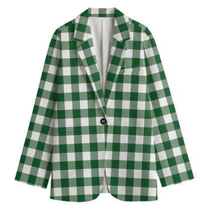 Green And White Buffalo Check Print Women's Cotton Blazer