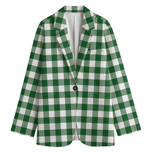 Green And White Buffalo Check Print Women's Cotton Blazer