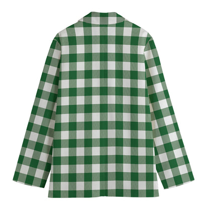 Green And White Buffalo Check Print Women's Cotton Blazer