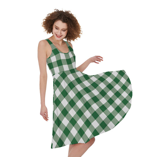 Green And White Buffalo Check Print Women's Sleeveless Dress