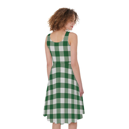 Green And White Buffalo Check Print Women's Sleeveless Dress