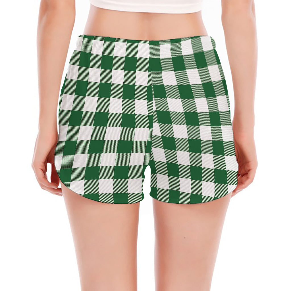 Green And White Buffalo Check Print Women's Split Running Shorts