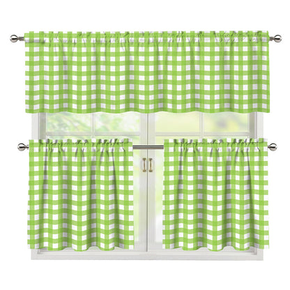 Green And White Check Pattern Print 3 Piece Kitchen Curtains