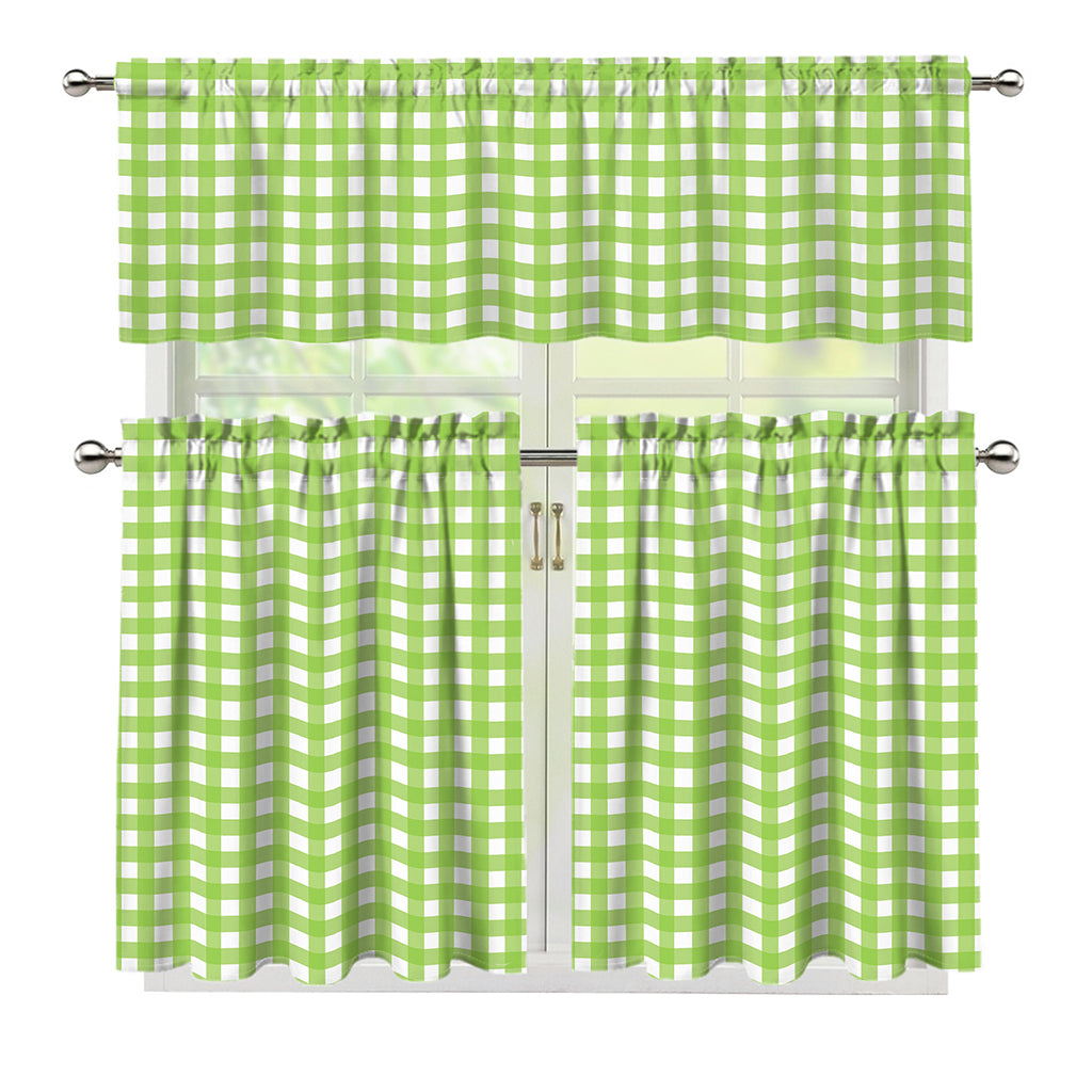 Green And White Check Pattern Print 3 Piece Kitchen Curtains
