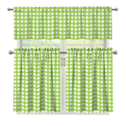 Green And White Check Pattern Print 3 Piece Kitchen Curtains