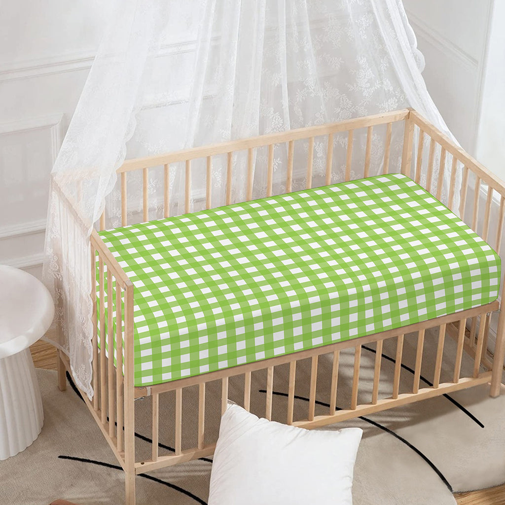 Green And White Check Pattern Print Baby Crib Sheet
