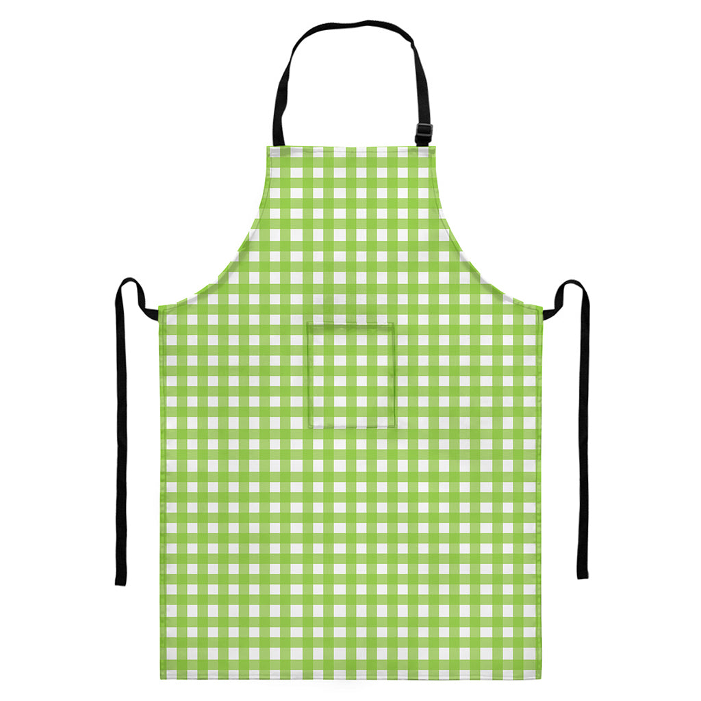 Green And White Check Pattern Print Bib Apron With Pocket