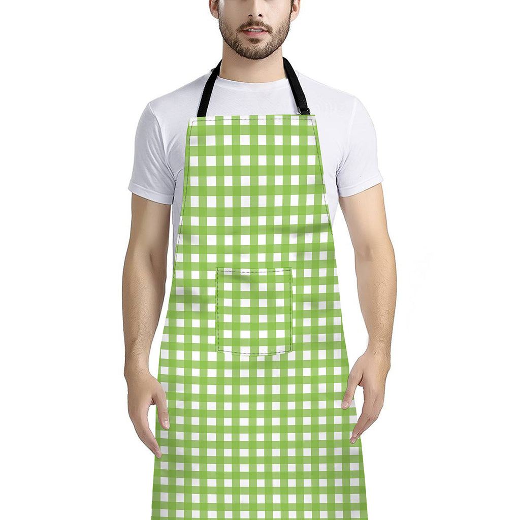 Green And White Check Pattern Print Bib Apron With Pocket
