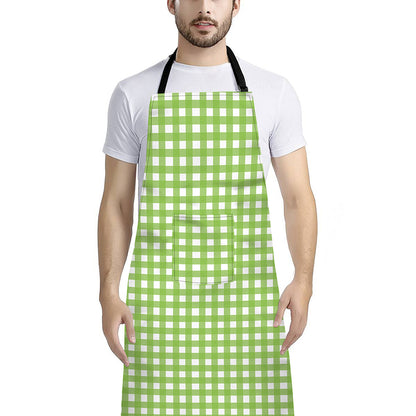 Green And White Check Pattern Print Bib Apron With Pocket