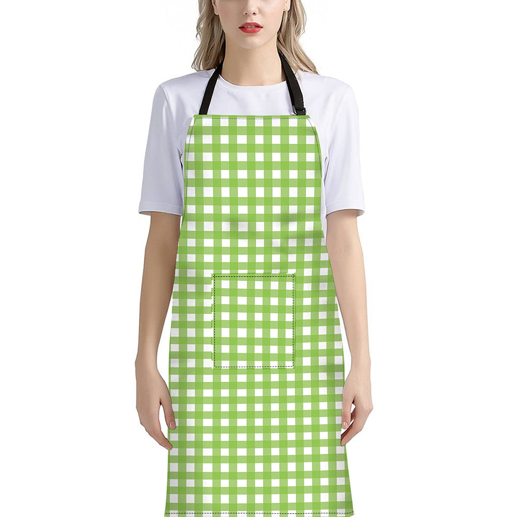 Green And White Check Pattern Print Bib Apron With Pocket