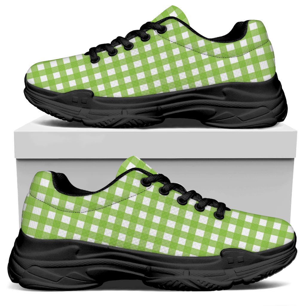 Green And White Check Pattern Print Black Chunky Shoes