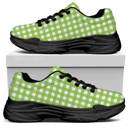 Green And White Check Pattern Print Black Chunky Shoes