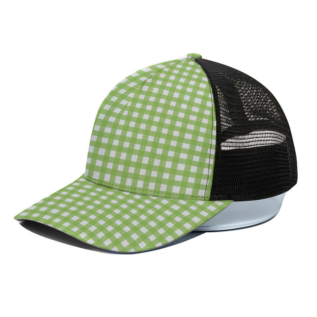 Green And White Check Pattern Print Black Mesh Trucker Cap