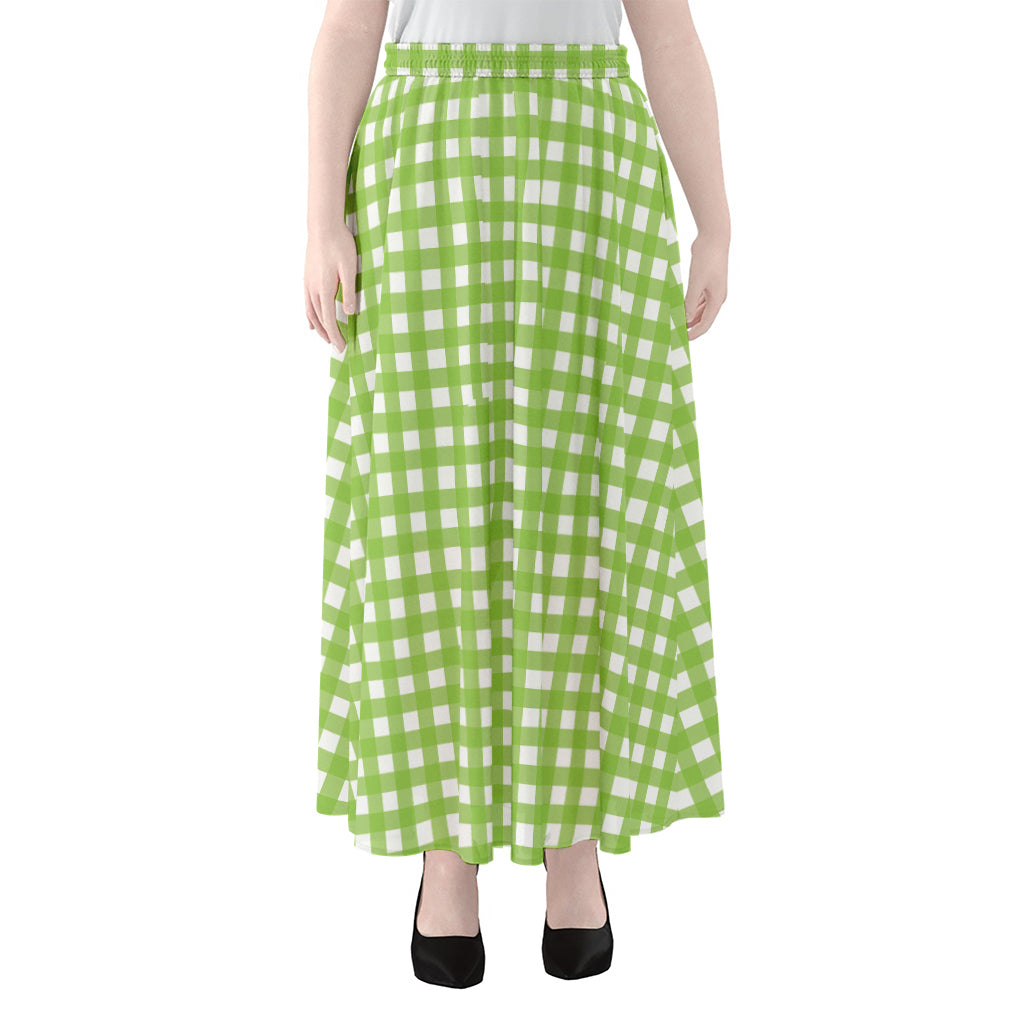 Green And White Check Pattern Print Chiffon Maxi Skirt