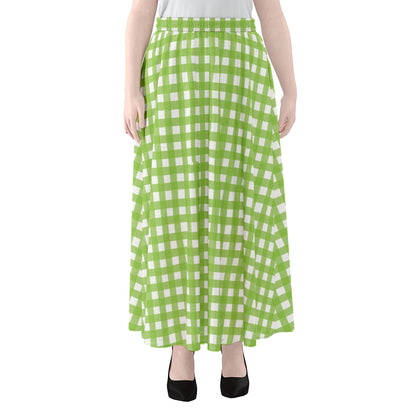 Green And White Check Pattern Print Chiffon Maxi Skirt