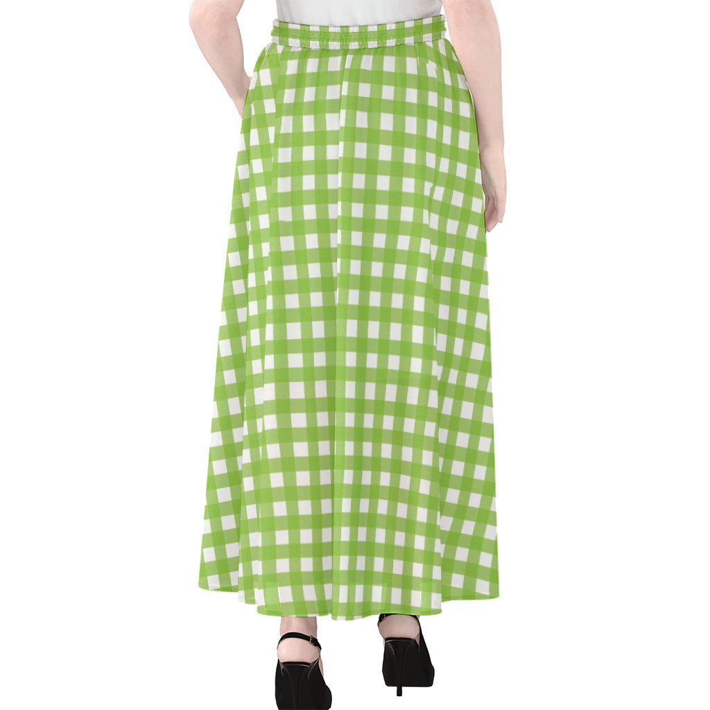 Green And White Check Pattern Print Chiffon Maxi Skirt