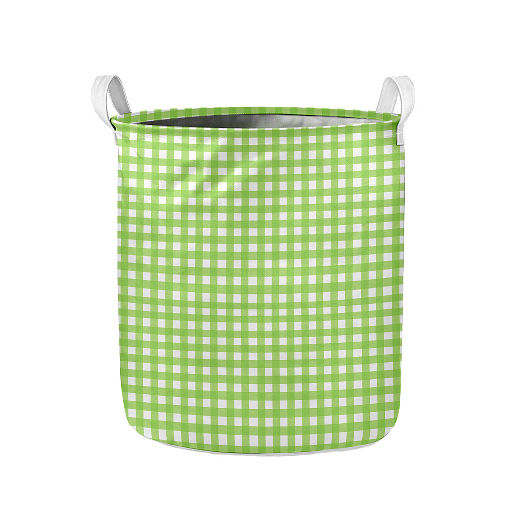 Green And White Check Pattern Print Collapsible Laundry Basket