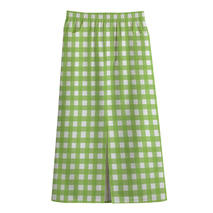 Green And White Check Pattern Print Cotton Front Slit Maxi Skirt