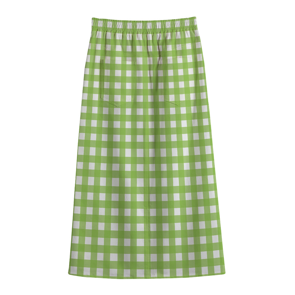 Green And White Check Pattern Print Cotton Front Slit Maxi Skirt