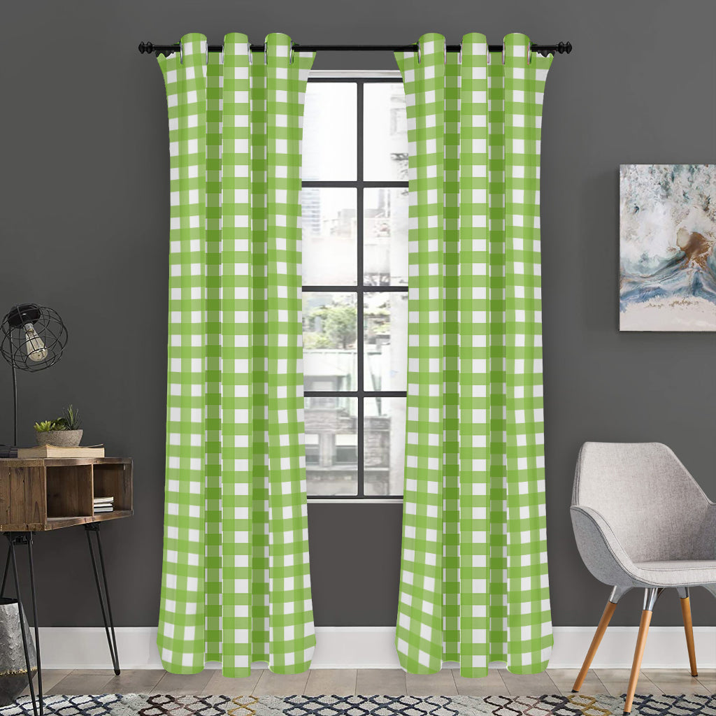 Green And White Check Pattern Print Curtain