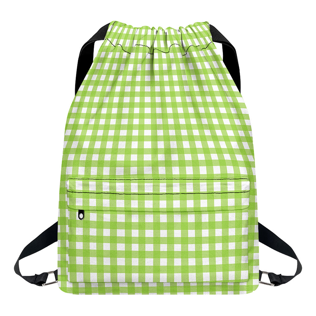 Green And White Check Pattern Print Drawstring Backpack