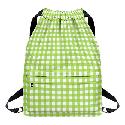 Green And White Check Pattern Print Drawstring Backpack