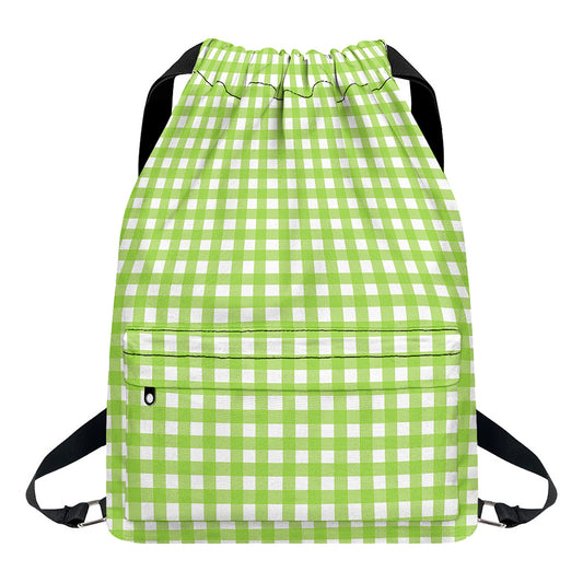 Green And White Check Pattern Print Drawstring Backpack