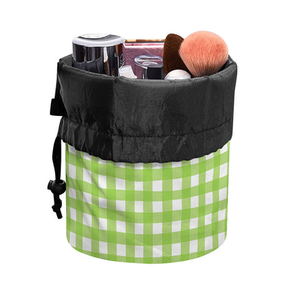 Green And White Check Pattern Print Drawstring Makeup Bag