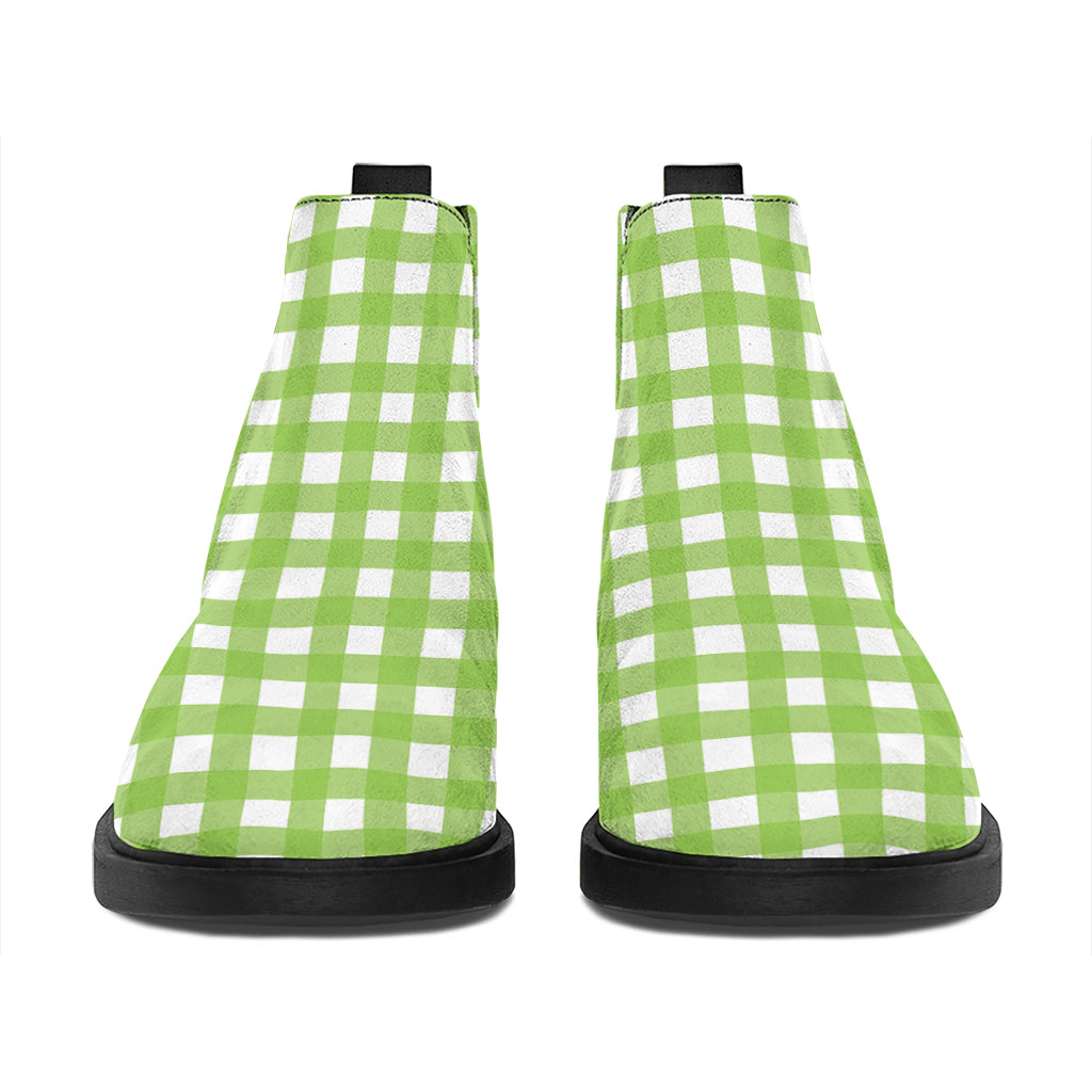 Green And White Check Pattern Print Flat Ankle Boots