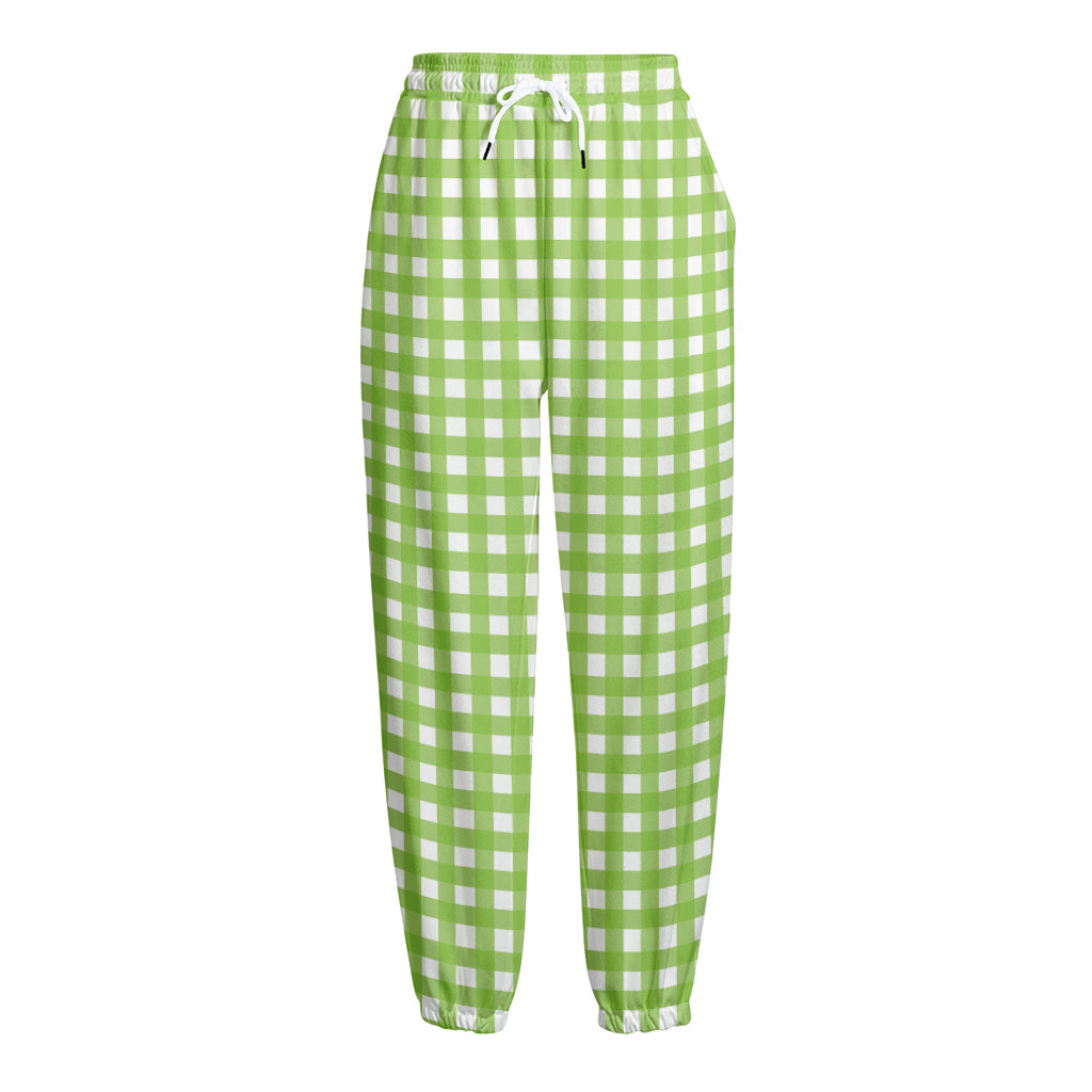 Green And White Check Pattern Print Fleece Lined Knit Pants