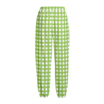 Green And White Check Pattern Print Fleece Lined Knit Pants