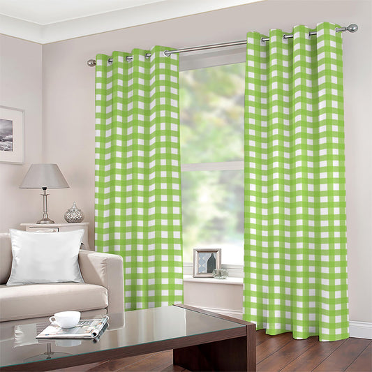 Green And White Check Pattern Print Grommet Curtains