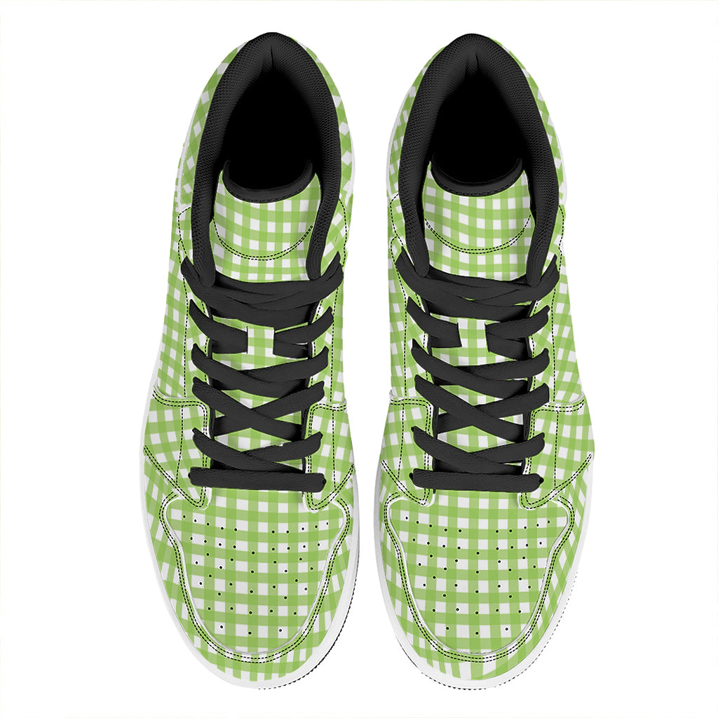 Green And White Check Pattern Print High Top Leather Sneakers