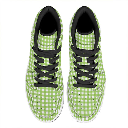 Green And White Check Pattern Print High Top Leather Sneakers