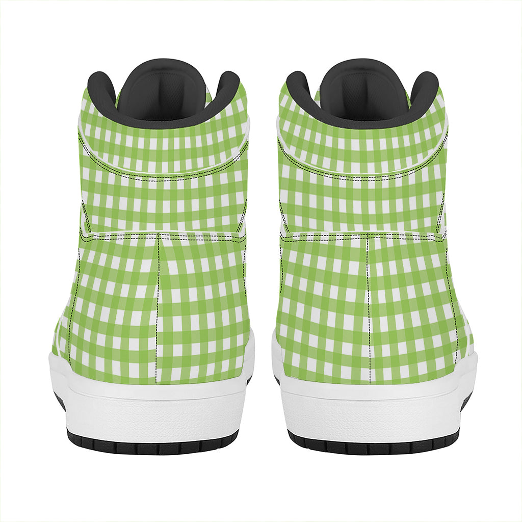 Green And White Check Pattern Print High Top Leather Sneakers