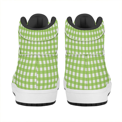 Green And White Check Pattern Print High Top Leather Sneakers