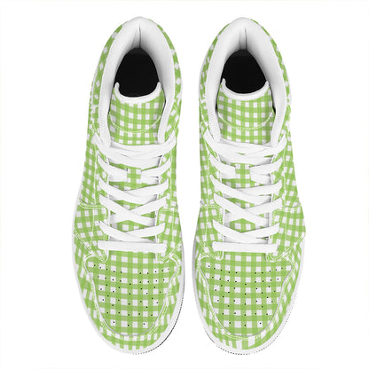 Green And White Check Pattern Print High Top Leather Sneakers