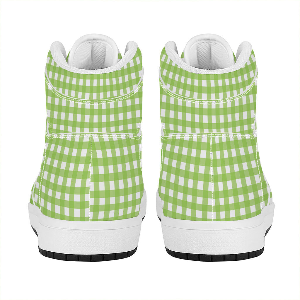 Green And White Check Pattern Print High Top Leather Sneakers