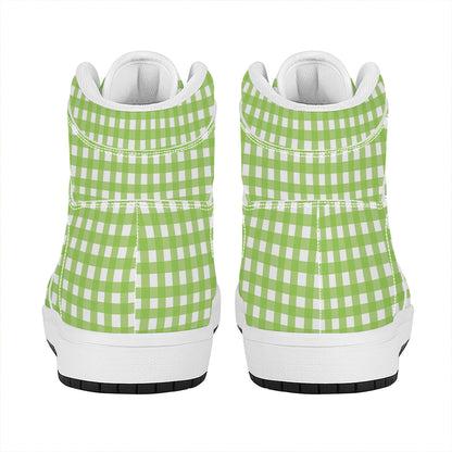 Green And White Check Pattern Print High Top Leather Sneakers