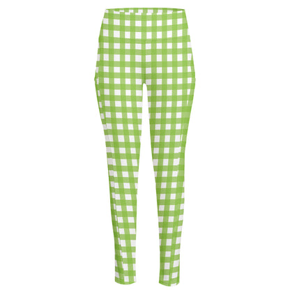 Green And White Check Pattern Print High-Waisted Pocket Leggings