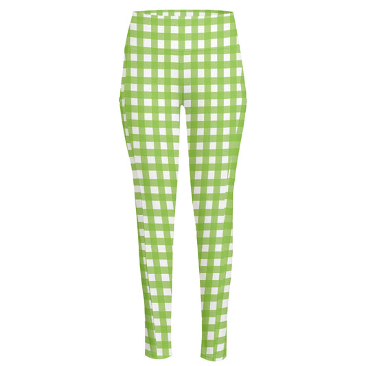 Green And White Check Pattern Print High-Waisted Pocket Leggings