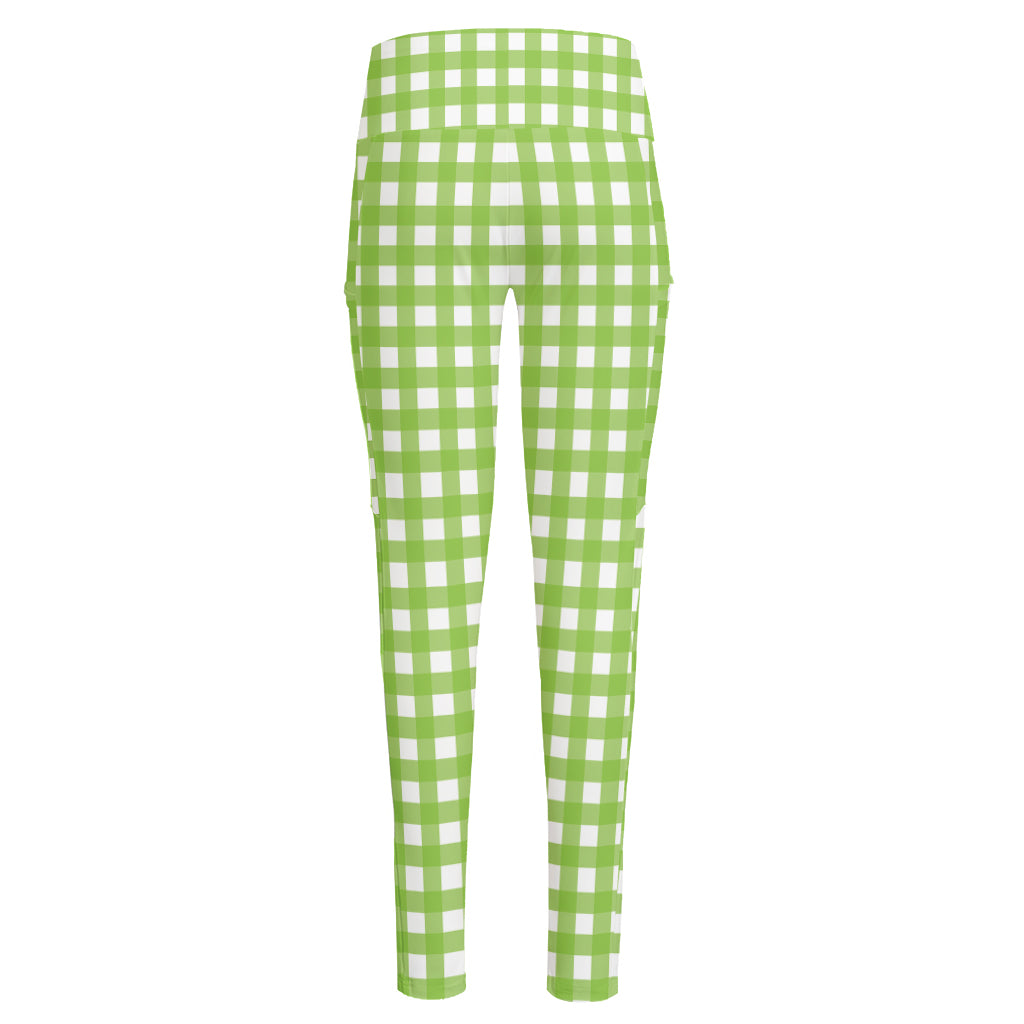 Green And White Check Pattern Print High-Waisted Pocket Leggings