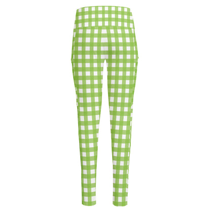 Green And White Check Pattern Print High-Waisted Pocket Leggings