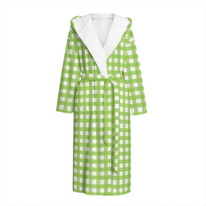Green And White Check Pattern Print Hooded Bathrobe