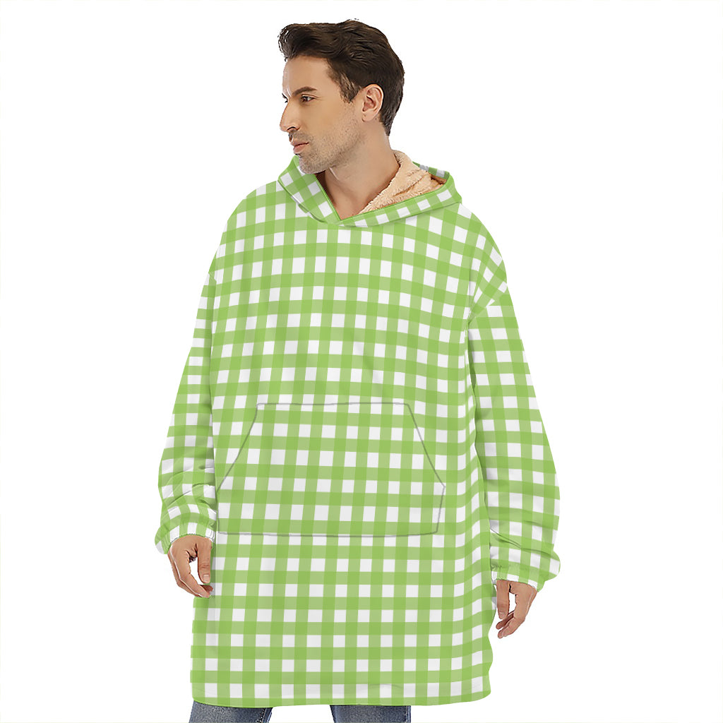 Green And White Check Pattern Print Hoodie Blanket