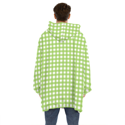Green And White Check Pattern Print Hoodie Blanket