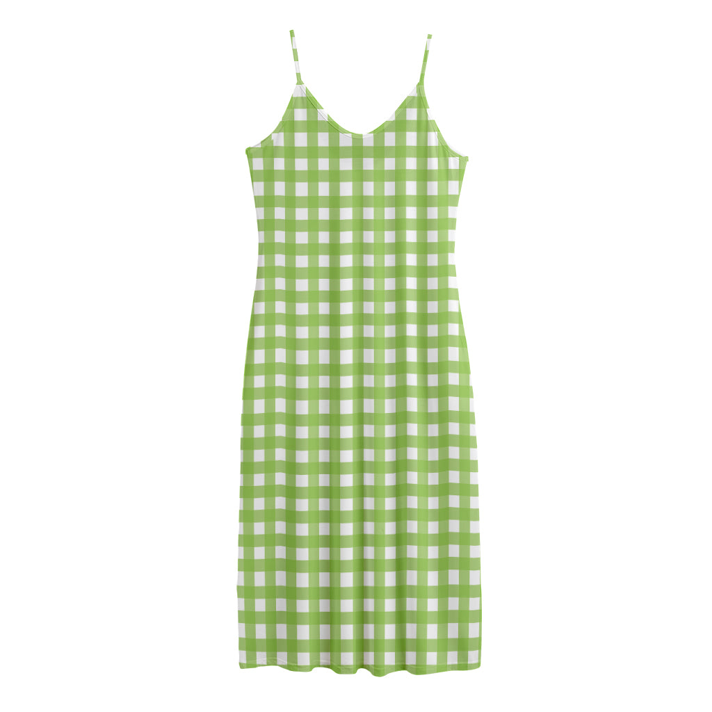 Green And White Check Pattern Print Jersey Midi Cami Dress