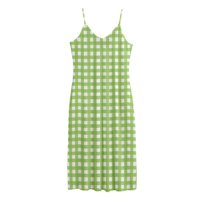 Green And White Check Pattern Print Jersey Midi Cami Dress