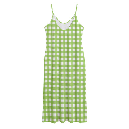 Green And White Check Pattern Print Jersey Midi Cami Dress